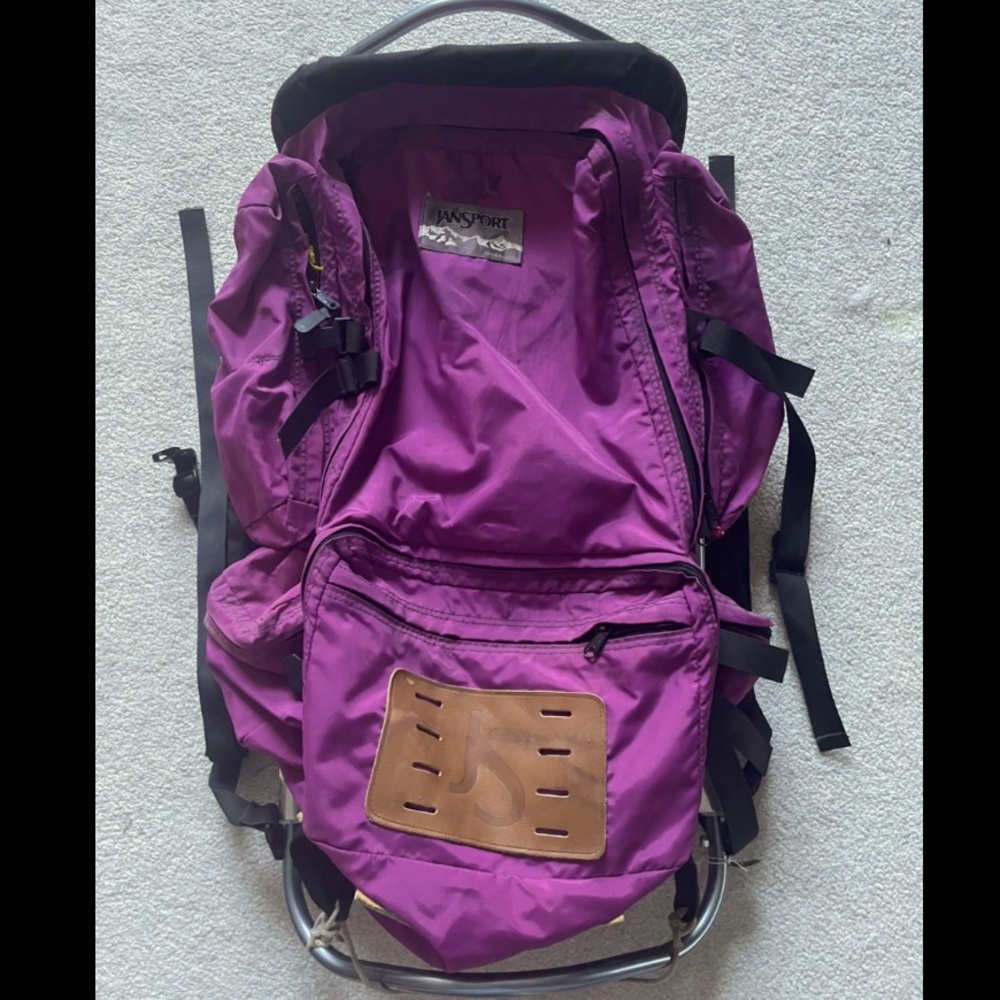 80s Purple Jansport External Frame Hiking Backpack Hip Wings Aluminum MadeInUSA